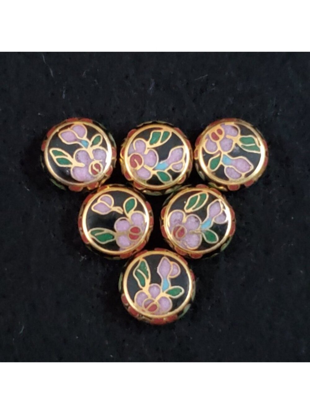 Cloisonne Beads Loose Flat Circle Black Pink Lot of 6